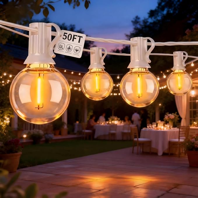 Abeja 50FT G40 LED Globe String Lights, Outdoor Patio String Lights with 50+2 Dimmable Shatterproof Bulbs, Backyard Outdoor Hanging Lights, Bistro Waterproof for Balcony Party Wedding, White Wire