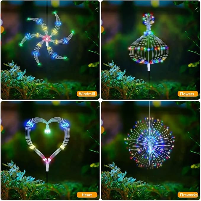 6 Pack LED Outdoor Solar Colorful Gradient Fireworks Lights with Remote Control, Waterproof Solar&USB Powered Courtyard Atmosphere Decorative Lights,8 Modes DIY Path Light.
