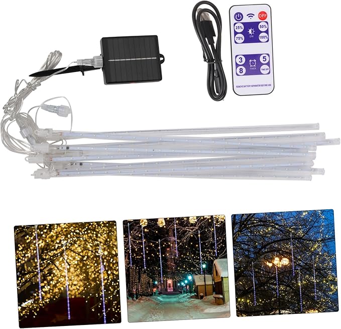 Uonlytech 1set Solar-Powered Led Shower Lights Outdoor String Lights for Christmas Wedding and Party Decoration Tubes Remote Control Modes