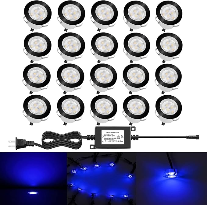Low Voltage LED Deck Lighting Kit Stainless Steel 1W Waterproof Outdoor Yard Garden Decoration Lamps Landscape Pathway Patio Step Stairs LED In-ground Lights Black Border(20pcs,Blue)