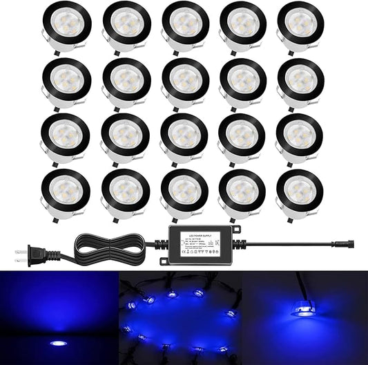 Low Voltage LED Deck Lighting Kit Stainless Steel 1W Waterproof Outdoor Yard Garden Decoration Lamps Landscape Pathway Patio Step Stairs LED In-ground Lights Black Border(20pcs,Blue)