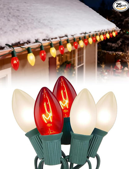 25ft C9 Red and White Christmas Lights,Waterproof C9 Christmas String Lights with 26 Red White Bulbs,Commercial Xmas Lights Outdoor for Garden House Xmas Garland Tree Decorations