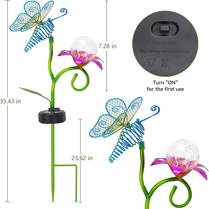 Solar Butterfly Garden Lights-Solar Powered Outdoor Decorative Lights with Metal Stakes & Butterfly Decor Waterproof Crackle Glass Globe Led Landscape Lighting for Garden Pathway Lawn Yard (1PC)