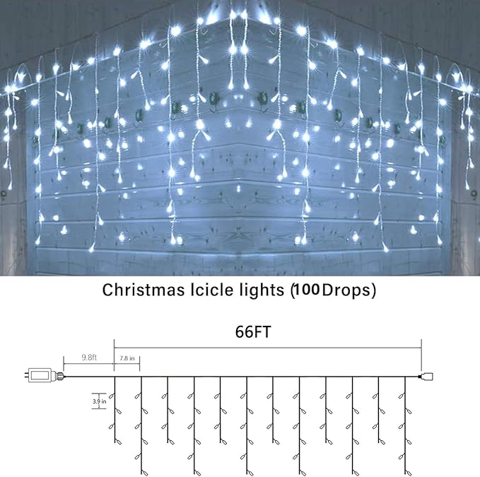 Joomer Christmas Icicle Lights - 66FT String Lights Outdoor Waterproof, 8 Modes Timer Connectable Plug-in String Light for Eaves, Roofs, Christmas Decorations (White, Non-Connectable)