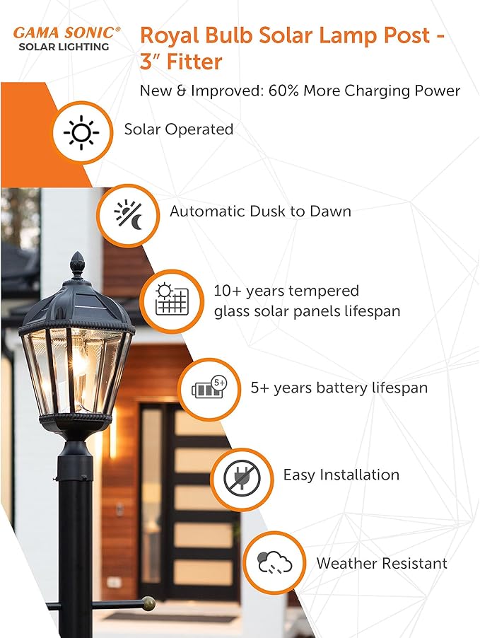 Gama Sonic Outdoor Solar Post Light, Black Aluminum, Royal Bulb, Rain Water Glass, Single Lamp with 3-inch Fitter | Lumora
