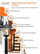 Gama Sonic Outdoor Solar Post Light, Black Aluminum, Royal Bulb, Rain Water Glass, Single Lamp with 3-inch Fitter | Lumora
