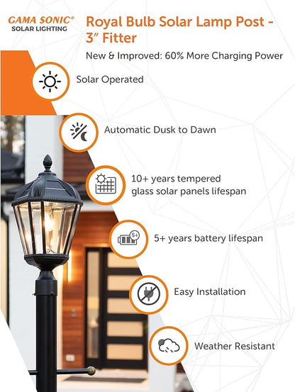 Gama Sonic Outdoor Solar Post Light, Black Aluminum, Royal Bulb, Rain Water Glass, Single Lamp with 3-inch Fitter for Lamp Posts Warm White LED, 98B012 (Upgraded Panel and Battery)