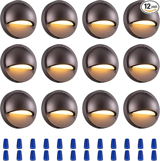 LED Low Voltage Deck Lights 3.74 Inch Landscape Lighting Fence Lights 2700K 180LM 12-24V AC/DC Aluminum Oil Rubbed Bronze Outdoor Step Light 2.5W IP65 with Wire Nuts 4FT Corded, 12 Pack