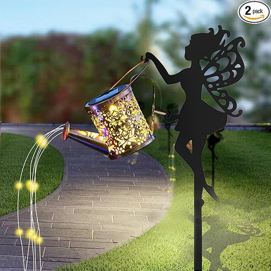 2 Pack Solar Garden Lights, Fairy Sprinkling Water Lights with 6x6 LEDs, Solar Powered Pathway Lights with Iron Fairy Decor for Yard, Garden, Patio Décor (2 Fairy Lamps)