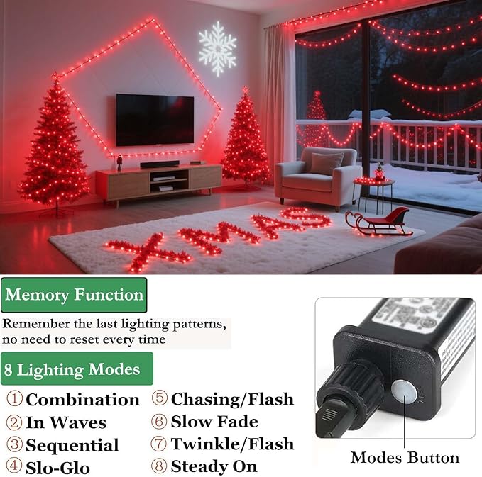 Tcamp 164FT 500 LED Red Christmas Lights, 8 Modes Christmas Tree Lights with Timer Memory Function, Green Wire Starry Fairy String Light for Xmas Tree Outdoor Indoor Decor