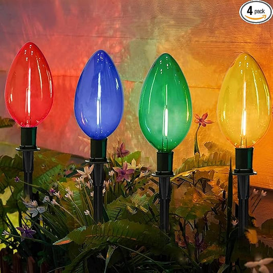 C9 Christmas Multicolor Pathway Lights, 7Ft Outdoor Christmas Pathway Markers Lights with 4 Jumbo C9 LED Multicolor Bulbs, Connectable Walkway Lights for Driveway Yard Garden