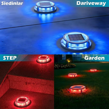 Siedinlar Solar Deck Lights Outdoor 2 Modes 16 LEDs Driveway Markers Dock Light Solar Powered Waterproof for Ground Step Pathway Stair Walkway Garden Yard Road 1 Pack (Blue/Red)