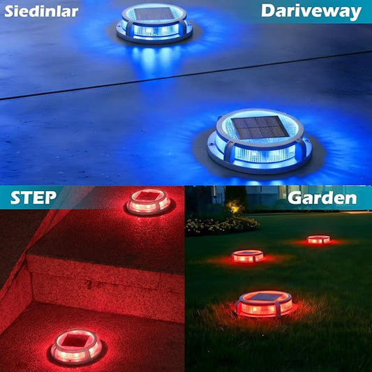 SIEDiNLAR Solar Deck Lights Outdoor 2 Modes 16 LEDs Dock Light Driveway Markers Solar Powered Waterproof for Ground Step Stair Pathway Walkway Garden Yard Road 12 Pack (Blue/Red)