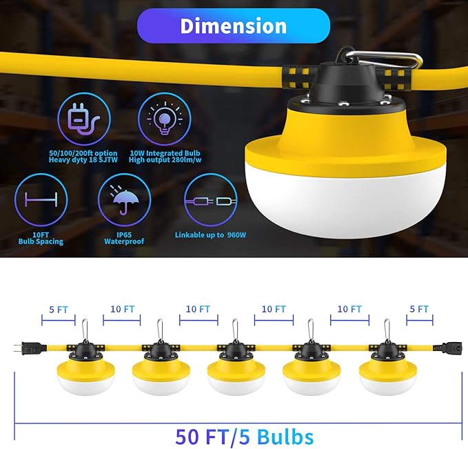 New Upgrade 50FT Construction String Lights LED Industrial Grade Best for Construction Sites,Renovation | Lumora