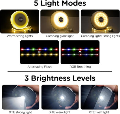 OGERY Camping String Lights, 4 in 1 Quick Storage 32.8FT Rechargeable Tent Lights String with 8 Lighting Modes, Hanging Waterproof Portable LED Lamp for Outdoor Patio Awning Garden Party Essentials