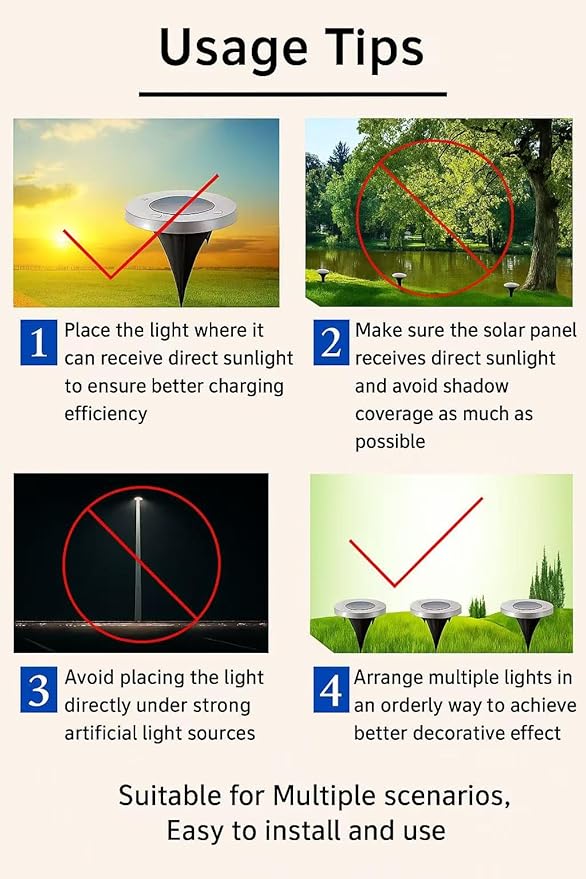 JT Morolux Solar Ground Lights, LED Disk Lights, White, Waterproof Outdoor Path Lights for Garden, Lawn, Walkway, Driveway (Multi-Color, 8)