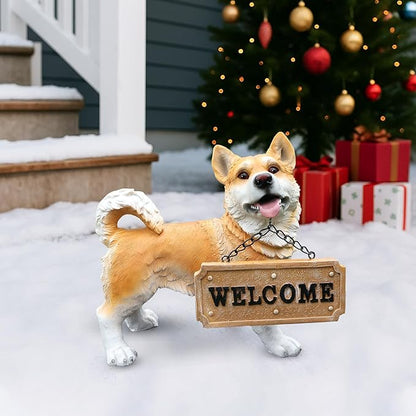 Outdoor Husky Dog Statue with Interchangeable Welcome Sign and Detachable Solar Lantern –LED Light Garden Dog Sculpture Décor, Cute Puppy Design for Yard, Porch, Gift