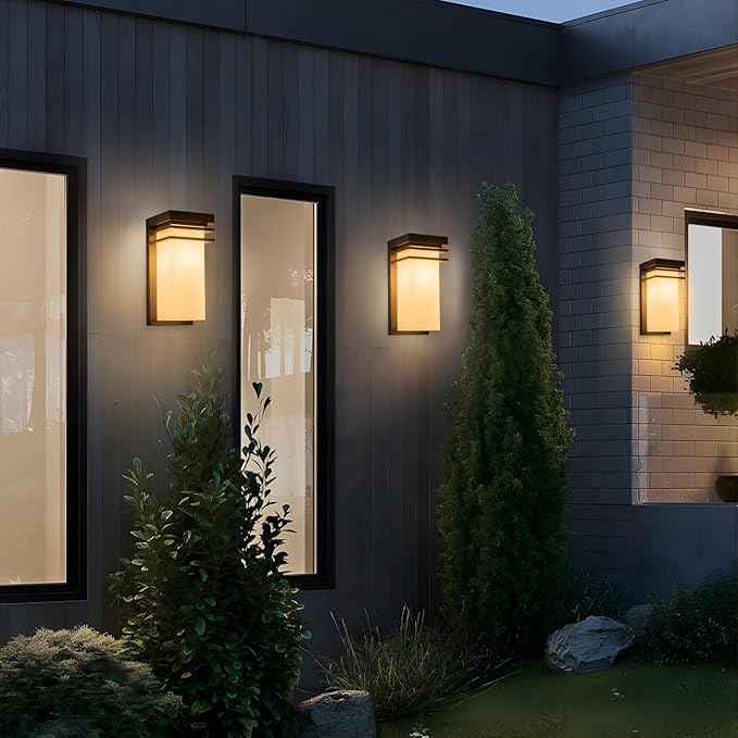 Modern Outdoor Wall Lights Fixtures Set of 2, Front Porch Sconce Lighting Wall Mount, Exterior Wall Lamps with White Frosted Glass for Patio, House, Commercial Use, E26 Base
