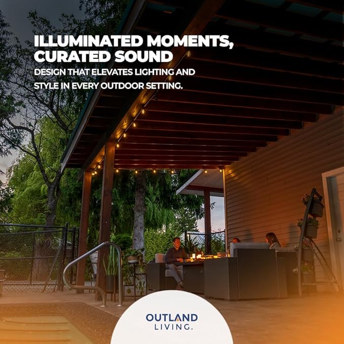 Outland Living Bluetooth String Lights with Speakers – 16.4 ft Outdoor LED Patio Lights, 8 Warm White E26 Bulbs + 2 Bluetooth 5.0 Speakers, Linkable to 32 ft, 10 ft Power Cord
