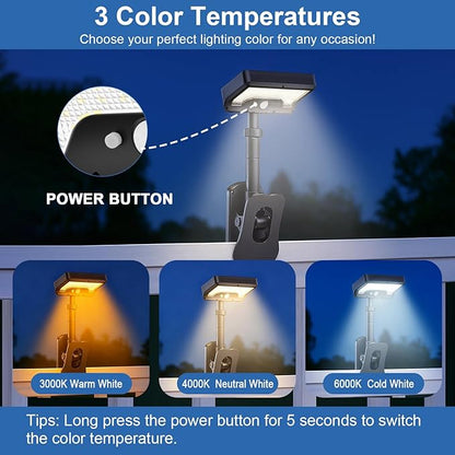 2 Pack Solar Lights Outdoor Waterproof, 92 LEDs 600LM Clip On Solar Lights Outdoor with 3 Color Temperatures, 3 Lighting Modes, IP65 Waterproof, Ideal for Fence, Gutter, Deck and Camping