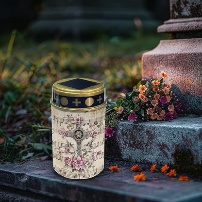 Poceacles Cross Solar Lights - Outdoor Cemetery & Garden Solar Lanterns, Waterproof Decoration, Flower Bird Cross Music Score, Pack of 2