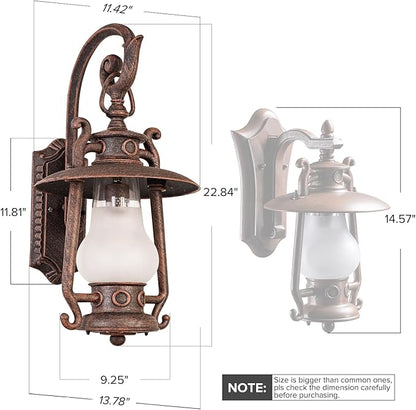 GZBtech Large Rustic Lantern Wall Sconce Outdoor, Vintage Rust Color Exterior Sconce Light, 110V Waterproof Kerosene Wall Mounted Lighting Fixture with Frosted Shade for Porch Garage Room, UL Listed