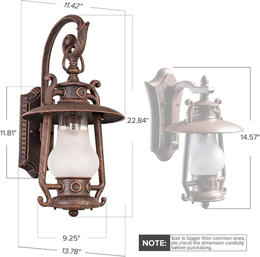 GZBtech Large Rustic Lantern Wall Sconce Outdoor, Vintage Rust Color Exterior Sconce Light, 110V Waterproof Kerosene Wall Mounted Lighting Fixture with Frosted Shade for Porch Garage Room, UL Listed