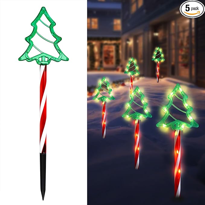 Christmas Tree Outline Solar Lights 5 Pack, 17’’ Cute Size Pine Tree Outline Garden Solar Lights for Out Decor, IP45 Wateproof and Dust Resistance, Solar Powered Yard Light for Christmas Decor