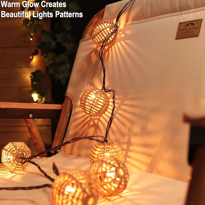 Decorative String Lights Plug in with 10 Incandescent Bulbs, Natural Rattan Globe Boho Lantern String Lights Connectable Weatherproof Outdoor Indoor for Bedroom Patio Pergola Decor