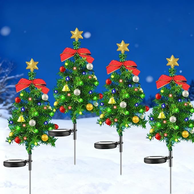 Solar Christmas Tree Lights Holiday Decorations, 29.5" Christmas Lights Outdoor Waterproof with 20 LED, Pathway Christmas Lights for Courtyards, Gardens, Lawns, Small Path Lights (Style-B, 4 Item)