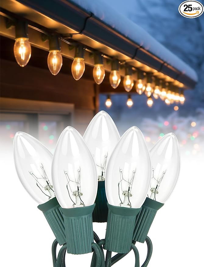 C9 Clear Christmas String Lights 25Ft C9 Outdoor Lights String with 26 Clear Bulbs, Hanging Christmas Roofline Light Patio Lights for Outdoor Decor 7 Watt C9/E17 Intermediate Base-Green Wire