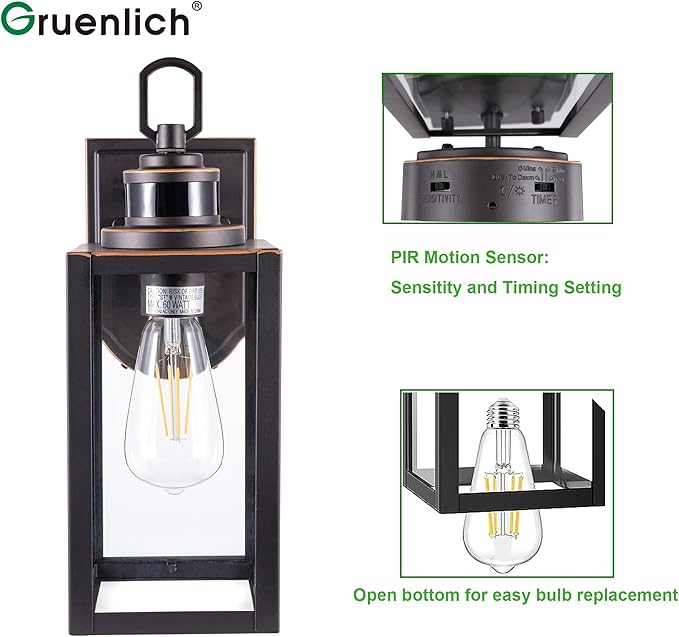 GRUENLICH Dusk to Dawn Outdoor Wall Lantern, PIR Motion Sensor Wall Sconce, E26 Base Max 60W, Metal Housing Plus Glass, Bulb Not Included, 2-Pack