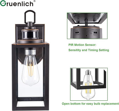 GRUENLICH Dusk to Dawn Outdoor Wall Lantern, PIR Motion Sensor Wall Sconce, E26 Base Max 60W, Metal Housing Plus Glass, Bulb Not Included, 2-Pack