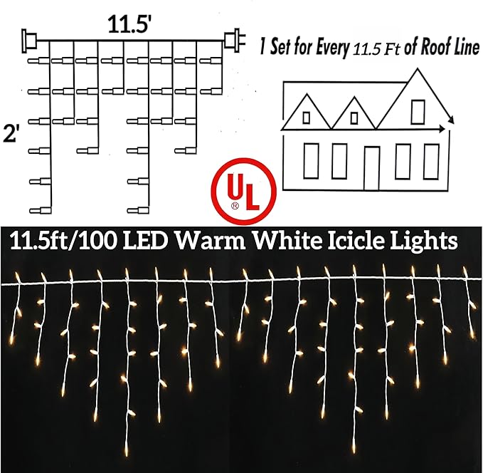 Warm White Icicle Lights 11.5 FT, UL Listed and Commercial Grade 100 LED Christmas Lights, for Indoor and Outdoor Party, Patio, Courtyard, Window, Fence, Trees.
