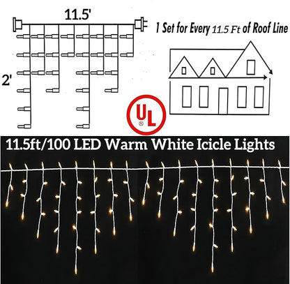 Warm White Icicle Lights 11.5 FT, UL Listed and Commercial Grade 100 LED Christmas Lights, for Indoor and Outdoor Party, Patio, Courtyard, Window, Fence, Trees.