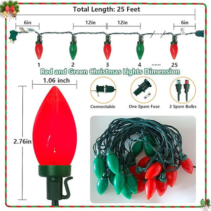 C9 Red and Green Chistmas Lights Outdoor, 25Ft Vintage Christmas Light 25 LED Red Green Bulb Lights Plug-in for Xmas Tree Party Christmas Valentines St. Patrick's Decor