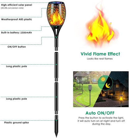 TomCare Solar Lights Outdoor 99 LED Higher & Larger Flickering Flame Solar Torch Lights 43" Decorative Waterproof Solar Powered Pathway Landscape Lighting for Garden Patio Yard, 2Pack (Black)