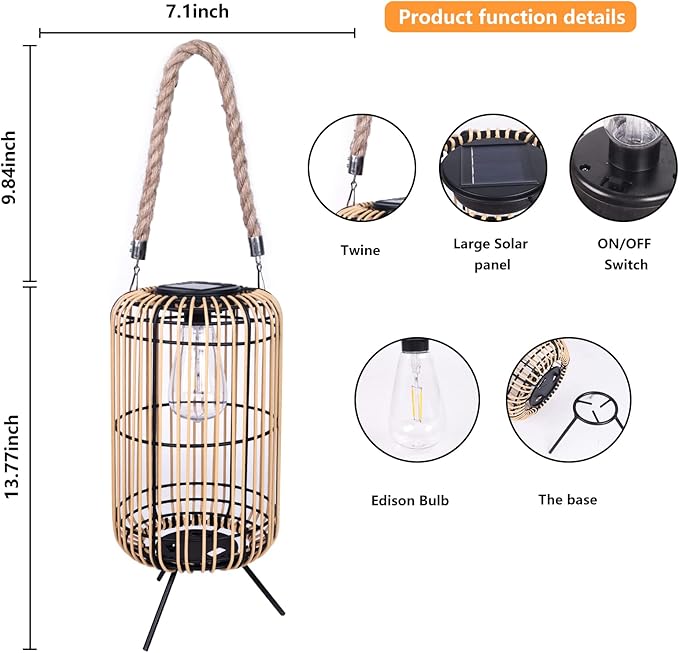 Livinlarge Solar Lantern Outdoor Waterproof,Large Rattan Lantern Outdoor Hanging with Handle,Bright Solar Lights | Lumora