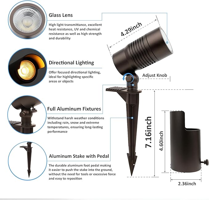 Low Voltage Landscape Lighting, 5CCT Low Voltage Landscape Spotlights, 12V Uplighting Outdoor Wired, 7W LED Spot Lights Outdoor for Tree Wall Flag with Adjustable Beam Angle (Bronze, 6)