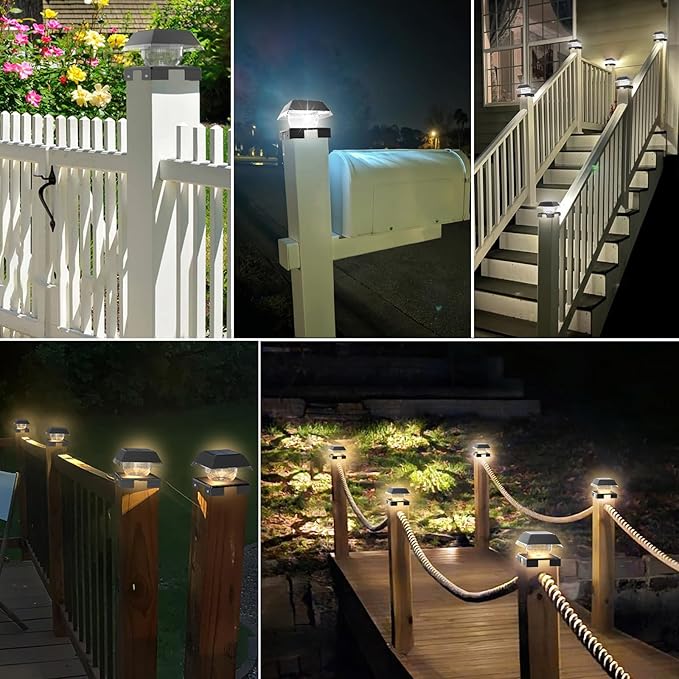 Solar Post Cap Light Outdoor, IP65 Waterproof Black Deck Post Lights for 4x4 Wood/Vinyl, Fence Posts Solar Lights with 2 Color Modes Decorate Backyard Garden Railing Mailbox Posts, 4 Pack