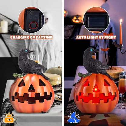 HUYIENO Solar Halloween Pumpkin Decoration with Crow Solar Powered Garden Lights Color Changing LED Halloween Yard Lawn Party Outdoor Decorations
