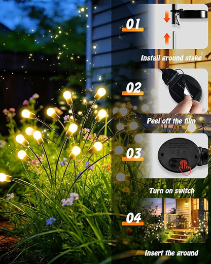 OZS 4 Pack Total 32 LED Solar Garden Lights Fairy Outdoor - Solar Firefly Lights Outdoor, Sway by Wind, Waterproof for Garden Patio Pathway Fairy Decoration (Warm White)
