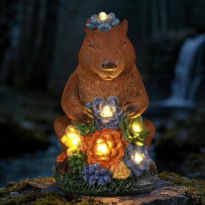 Solar Capybara Statue Outdoor Decor,Capybara Figurines with Flower LED Light,Zen Friend for Patio Pond,Yoga Garden Spaces,Housewarming for Women