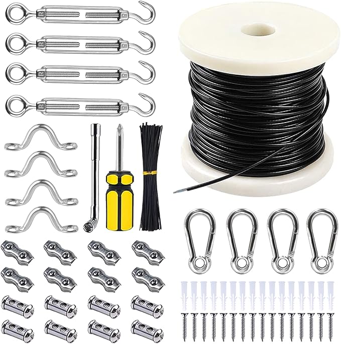 String Lights Hanging Kit with 197Ft Nylon Coated, 304 String Light Cable, Shade Sail Hardware kit, Outdoor Light | Lumora