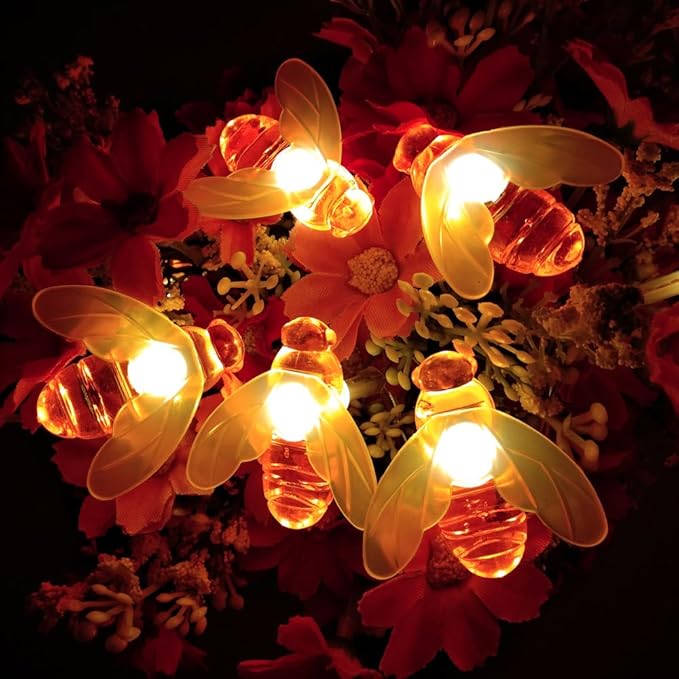 Bee String Lights, 33Ft 80 Led Bee Shape Fairy Battery Operated String Lights for Garden, Patio, Lawn Decoration (Warm White)