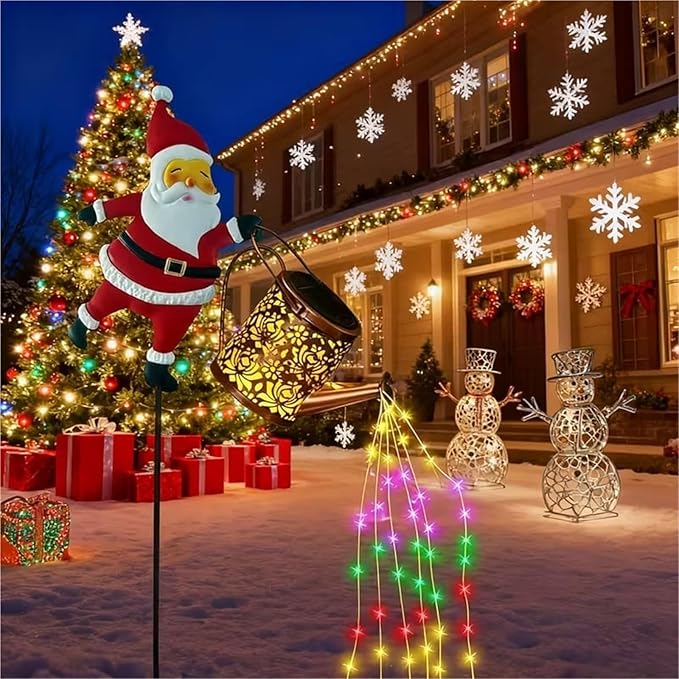 Christmas Solar Santa Watering Can Lights - Outdoor Garden Decor, Waterproof LED Pathway Patio Lights for Holiday Ambiance (2Colorful)