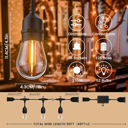96ft Outdoor String Lights with Remote & Dimmer,48+4 Commercial Grade IP65 Waterproof Bulbs, 2700K Warm White,3 Lighting Modes & Timer,Includes 50 Cable Ties for Patio,Garden, Party（48FT*2）