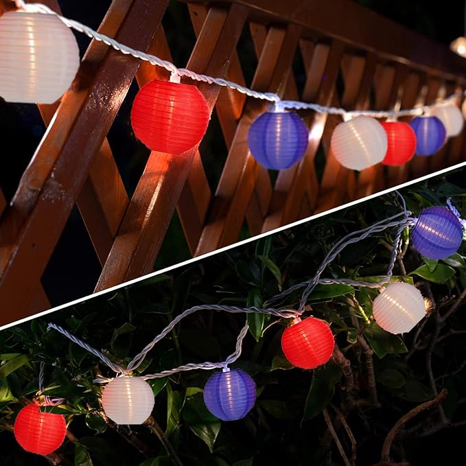 8.5FT Lantern String Lights, Red White and Blue Nylon Lanterns with 10 Mini Incandescent Bulbs, Plug in Connectable Outdoor Patio Lights for Independence Day President Memorial Day