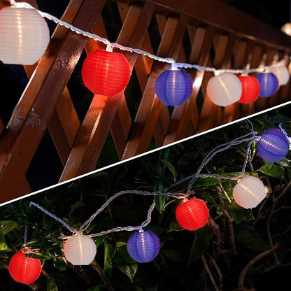 8.5FT Lantern String Lights, Red White and Blue Nylon Lanterns with 10 Mini Incandescent Bulbs, Plug in Connectable Outdoor Patio Lights for Independence Day President Memorial Day
