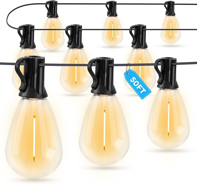 LED Outdoor String Lights, 50FT Waterproof Patio Lights with 16 Shatterproof S11 Plastic Bulbs, 2700K Warm White Edison Hanging Lights for Backyard, Garden, Porch, Bistro